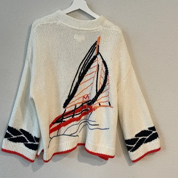 Anthropologie Maeve Maggie Cardigan nautical Sweater Embroidery Sailboat M/L - Picture 4 of 7